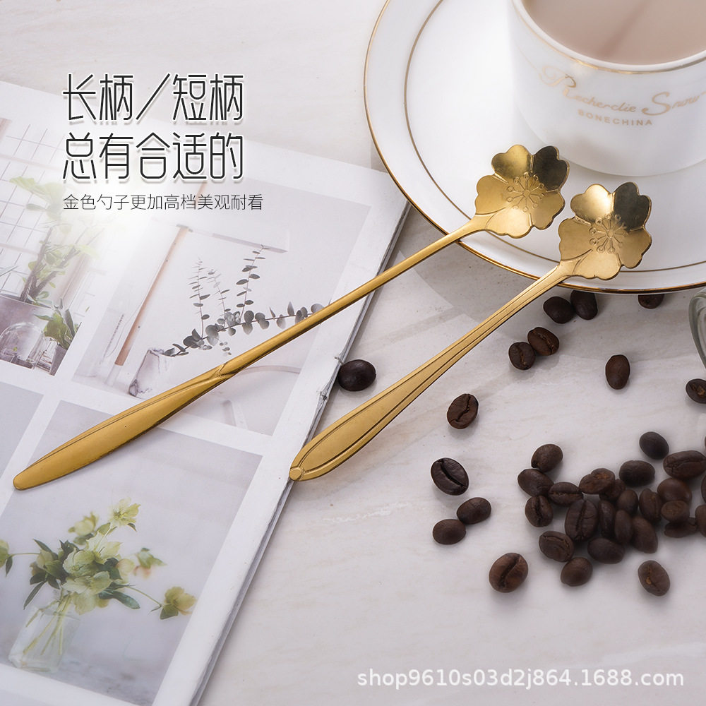 Spoon Stainless Steel High Color Value Cherry Blossom Spoon Coffee Mixing Spoon Golden Long Handle Ice Spoon Dessert Spoon Accompanying Gift Spoon