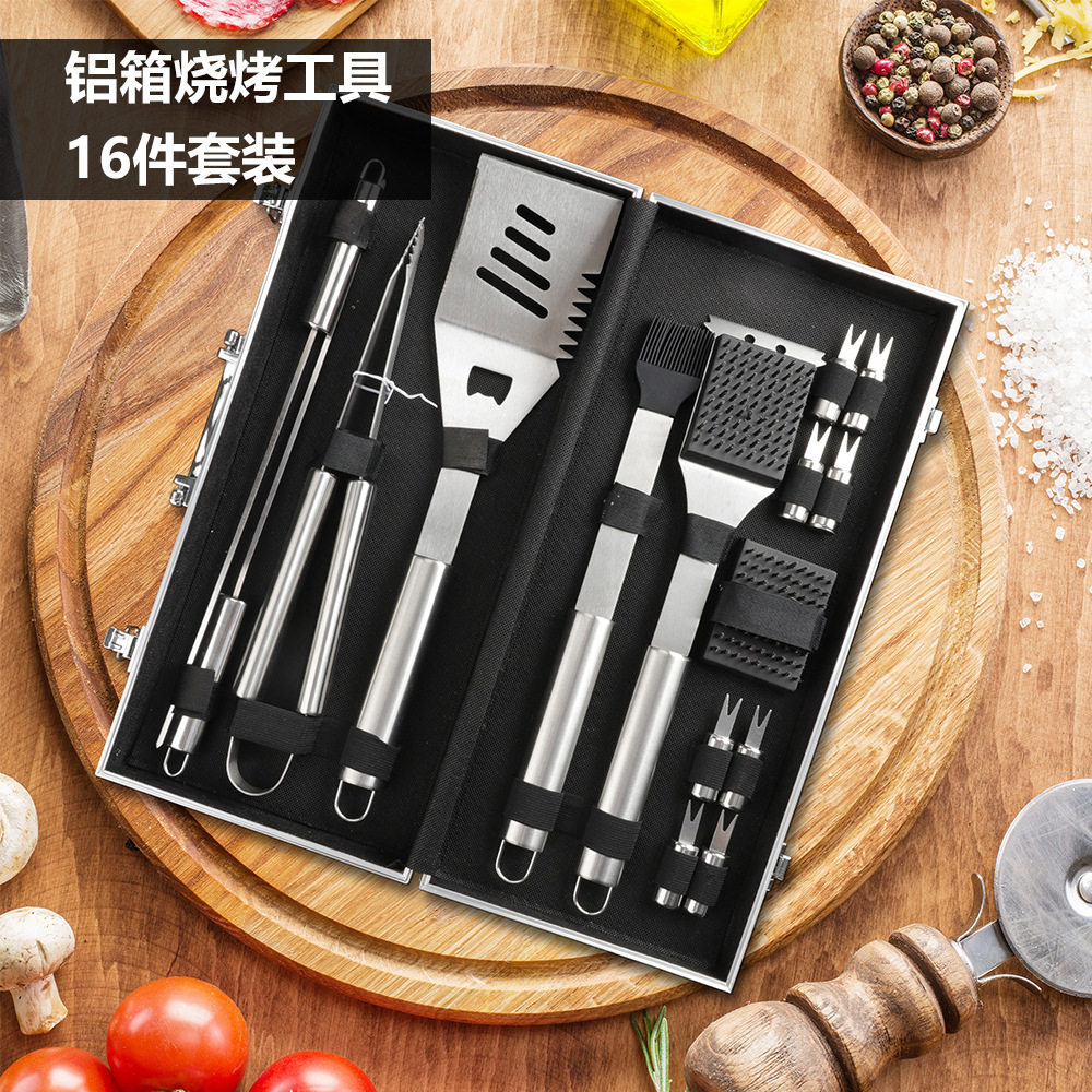 Outdoor barbecue 16 pieces stainless steel pipe handle grill suit bbq aluminum box barbecue tools portable suit in stock