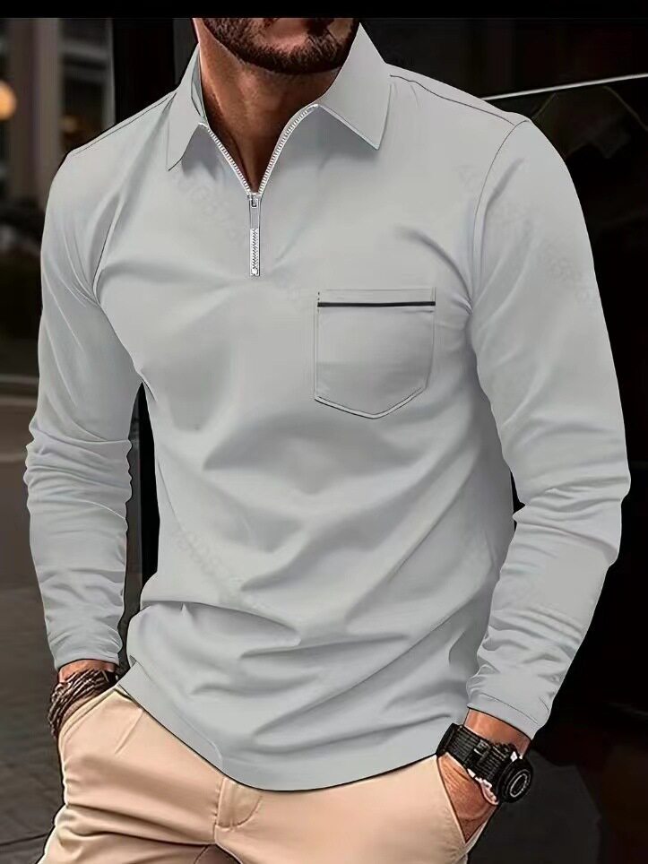 2023欧美跨境春秋季亚马逊长袖POLO衫拉链口袋男士运动上衣男薄款