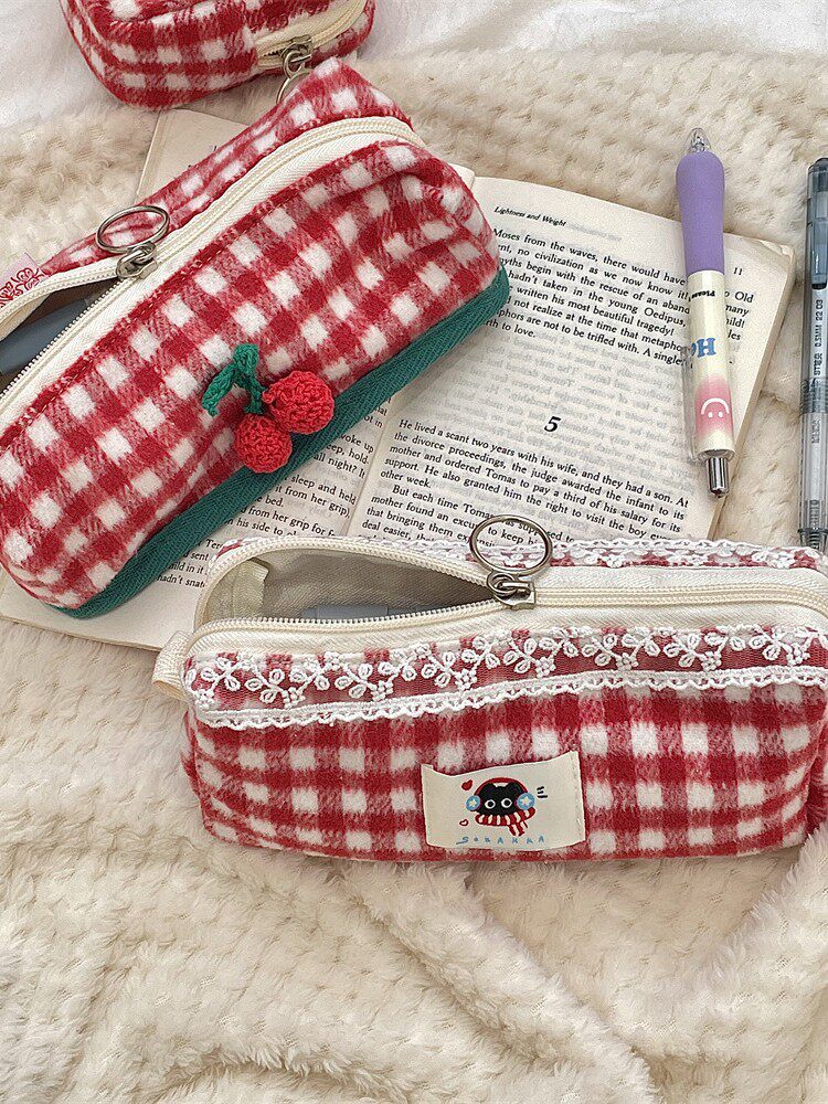 5222 New Knitted Cherry Plaid Student Stationery Pencil Bag Multifunctional Storage Cosmetic Bag Portable Sanitary Bag
