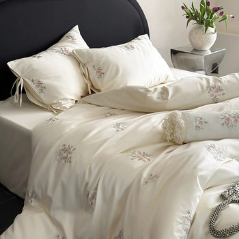 100S Long-staple Cotton Girl's Heart Princess Style Cotton Four-piece Embroidered Rose Satin Cotton Bedding