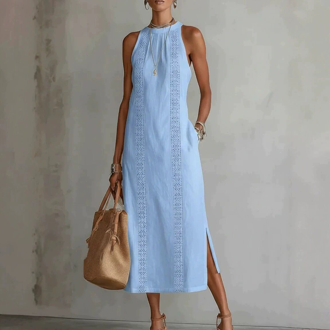 Summer Womens Dress Loose Fit Solid Color Waist Defined Long Length Beach Vacation Style Wholesale Available