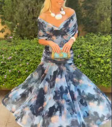 2025欧美风ins跨境女装独立站爆款雪纺印花新款露肩裹胸连衣裙女