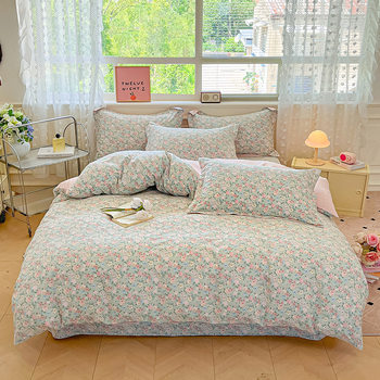 100 Cotton Four-Piece Set Pure Cotton Cartoon Bedding Quilt Cover Student Dormitory Bed Sheetss and Fitted Bed Sheetss Three-Piece Set for All Seasons