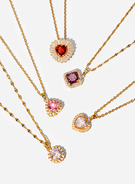 欧美INS风18k不锈钢链白色微镶锆石包边紫色方形锆石吊坠项链女士