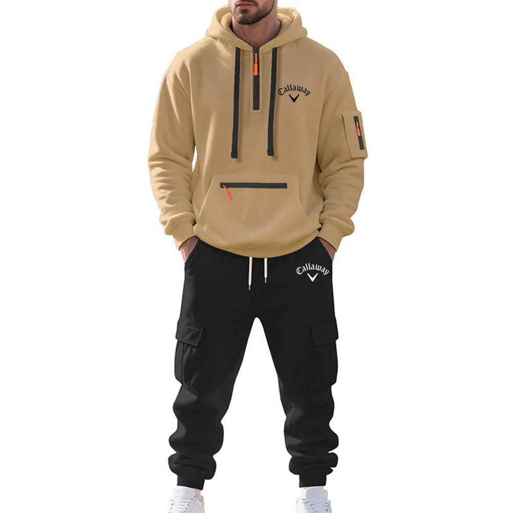 2025跨境男装亚马逊冬季加绒男士休闲套装宽松运动多口袋工装套装