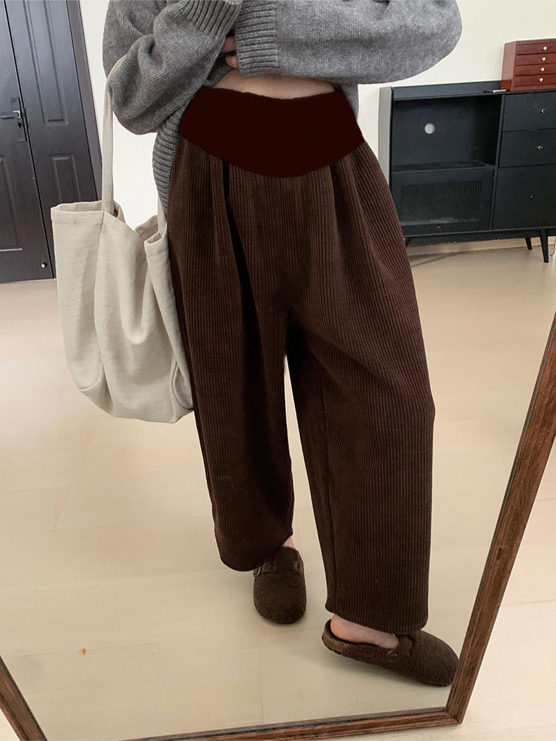 Pregnant Women's Chenille Belly Slimming Loose Autumn and Winter Granny Pants Pregnant Women's European Cotton Velvet Casual Wide Leg Straight Leg Pants fleece-lined