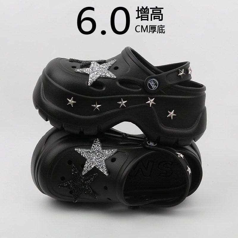 Thick Bottom Cartoon Hole Shoes Women's Summer 2024 New Style Outer Wear Non-slip Elevated Bottom Beach Baotou Half Slippers for Women