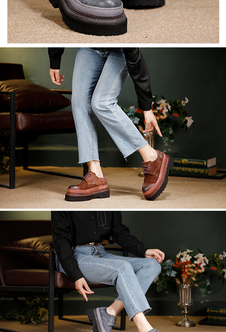 Giày Derby nữ da bò cổ thấp buộc dây phong cách cổ điển — Màu cà phê, màu xám
