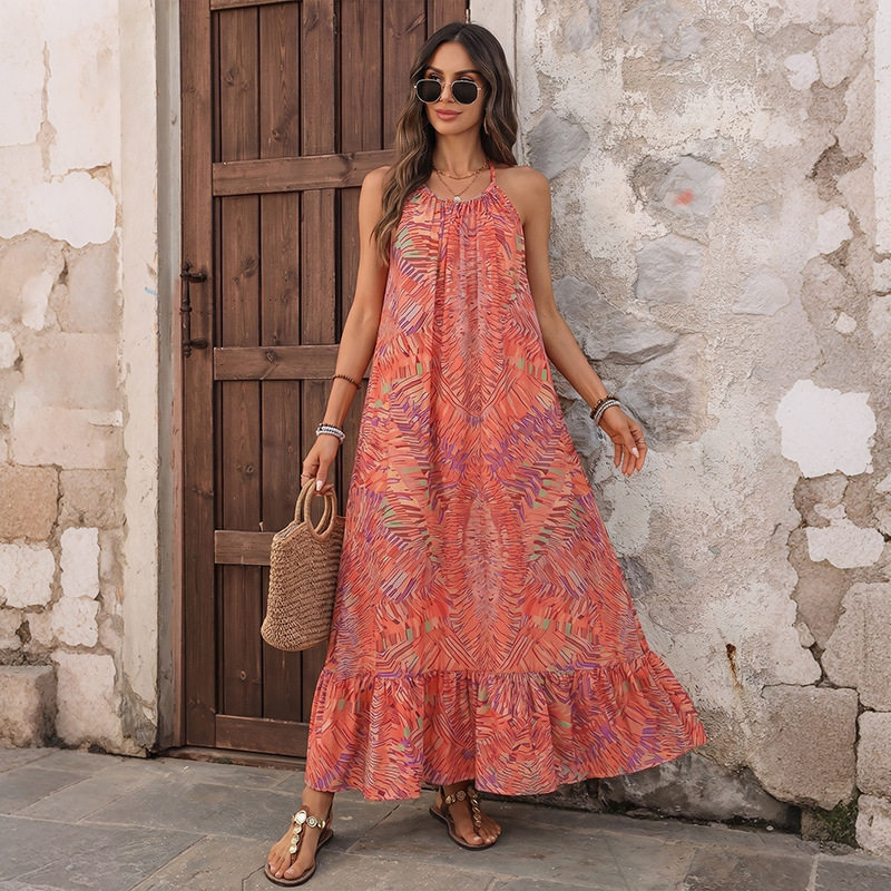 Bohemian Floral Print Backless Maxi Dress Relaxed Fit Halter Neck Lightweight Fabric Perfect for Vacations
