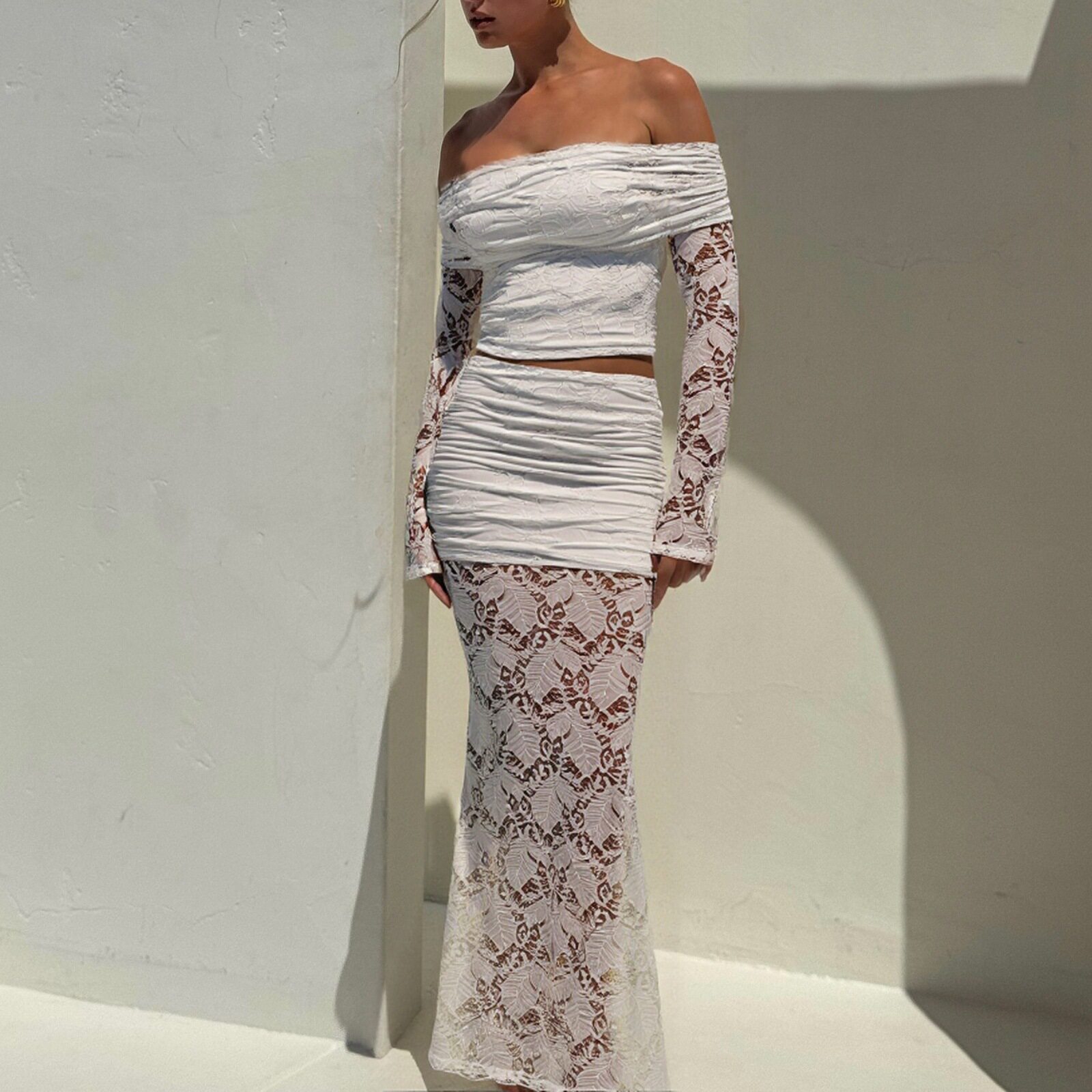 Off Shoulder Lace Long Sleeve Top and Fishtail Skirt Set Slim Fit Elegant Design Autumn Fashion Wholesale Available