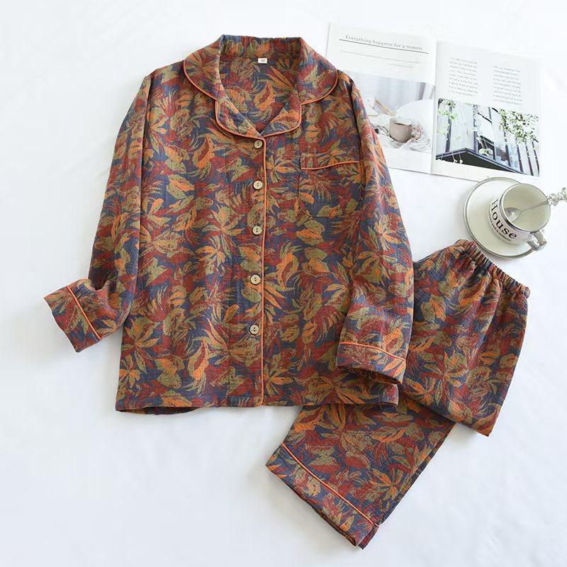 翻领双层纱布睡衣女春夏秋薄款长袖长裤套装开衫家居服二件套外穿