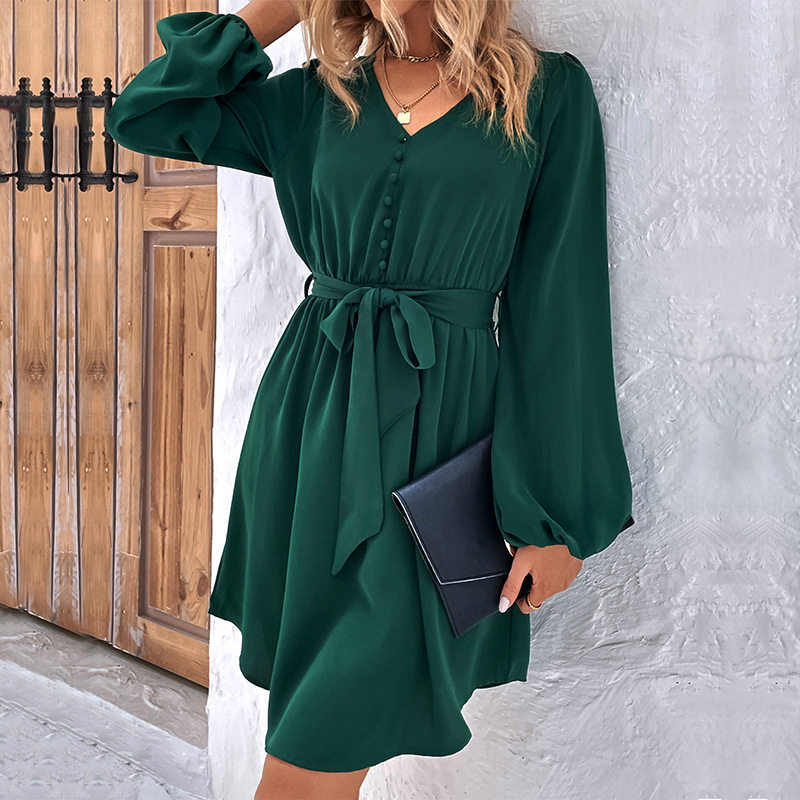 Womens Long Sleeve Solid Color Dress Elegant Design Versatile for Spring and Autumn Wholesale Availability