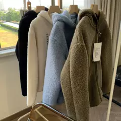 Island single U ~ winter new double-sided velvet thickened warm lamb wool solid color jacket polar fleece hooded coat for women