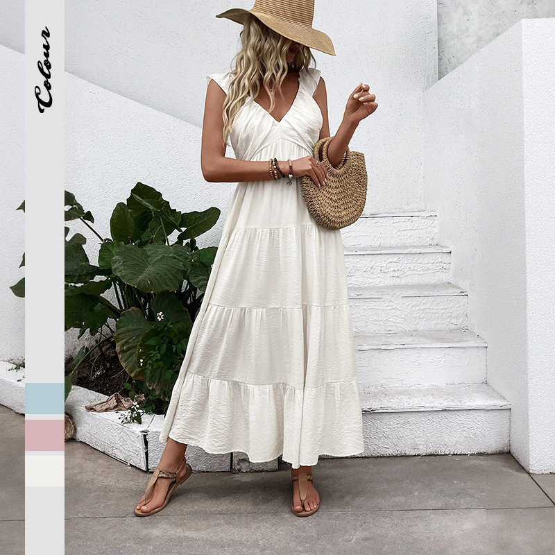 Sleeveless V Neck White Dress Simple Design Beach Vacation Style Lightweight Fabric Wholesale Available
