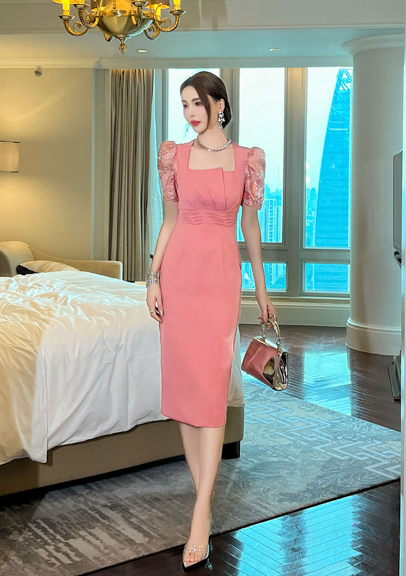 Đầm ôm body nữ phong cách Pháp tay bồng cổ vuông — [Hồng san hô] chi tiết 8