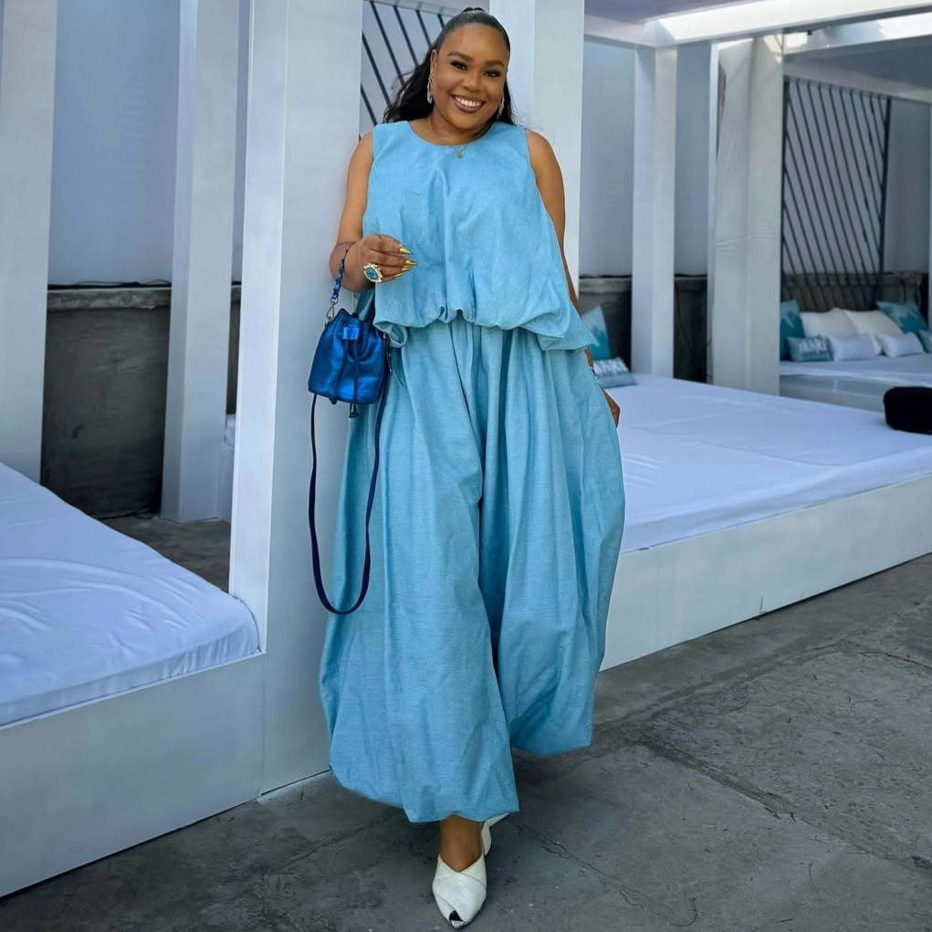 European and American Sleeveless Loose Waist Slimming Short Tops for Women African New Women's Wide-Leg Trousers Large Size Two-Piece Set