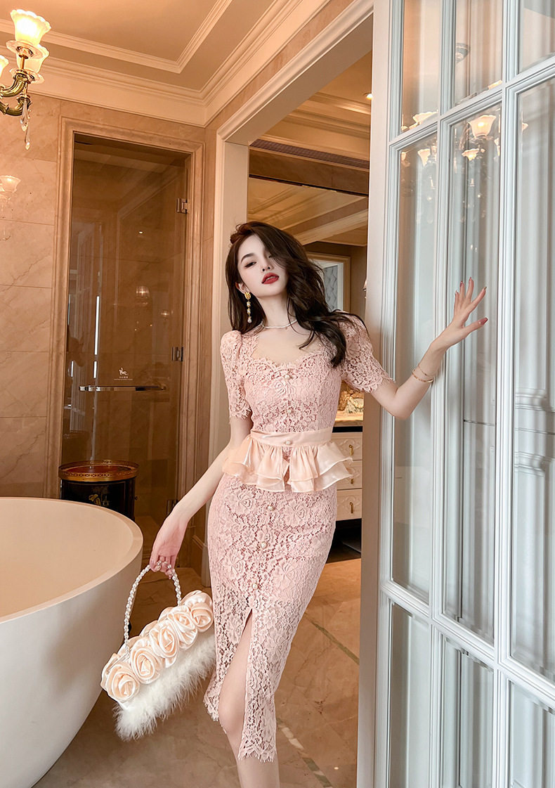 Đầm ren ôm body nữ cổ vuông tay ngắn họa tiết hoa fuchsia — [Hồng] chi tiết 5