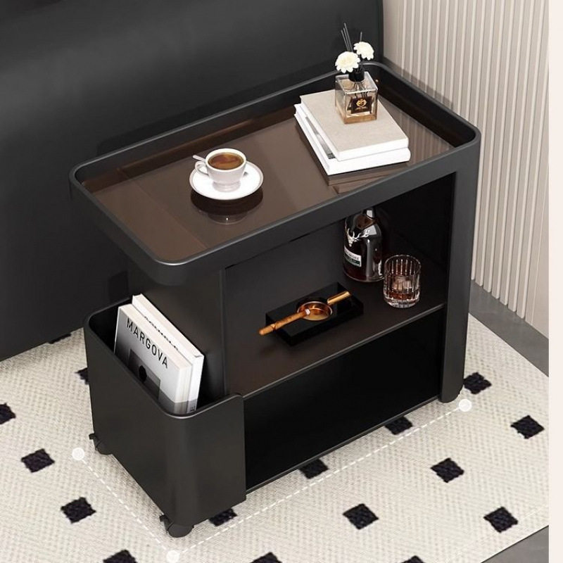 Black Sofa Side Table, Movable Small Coffee Table, Living Room Light Luxury Trolley, Wrought Iron Wheeled Glass Bedside Table, Internet Celebrity