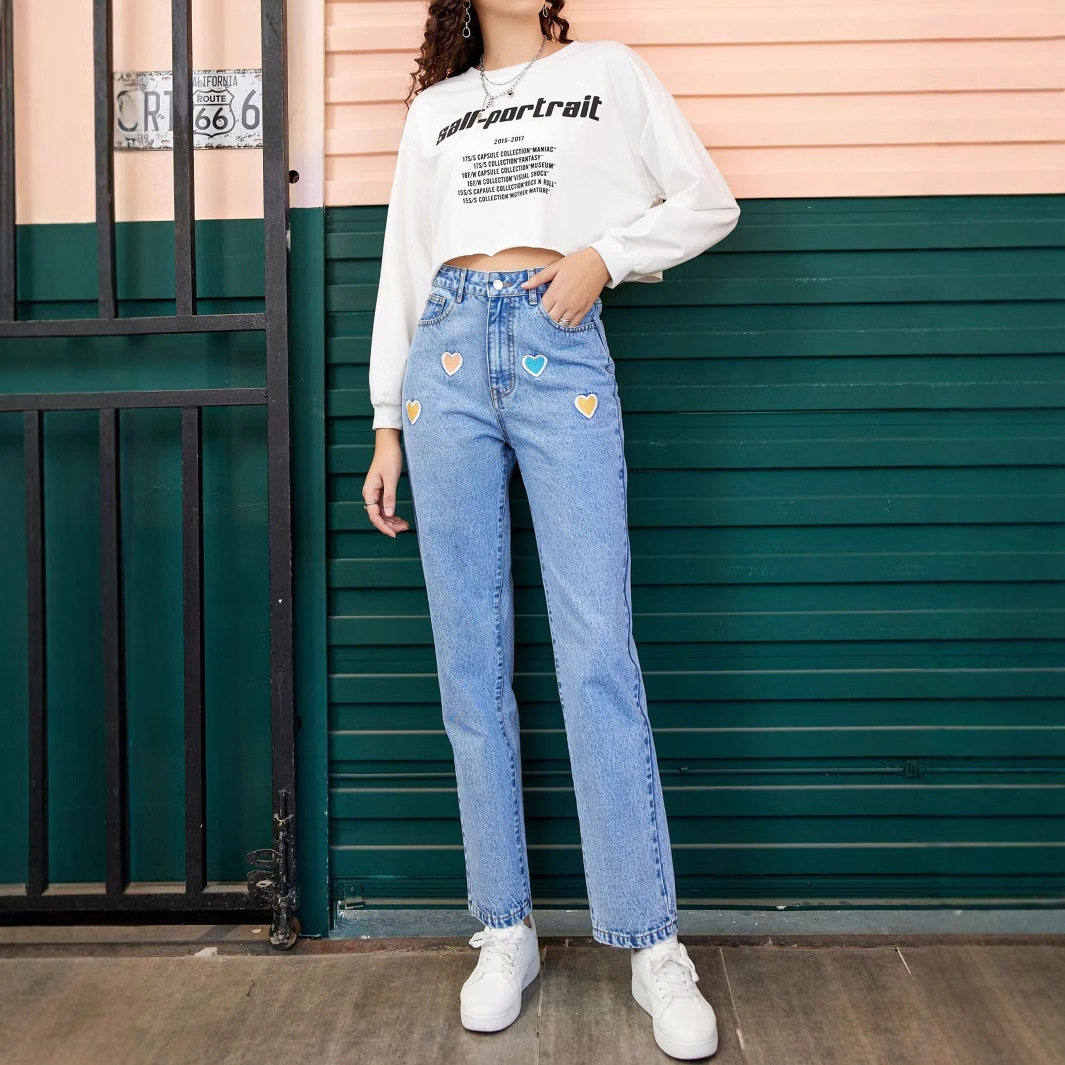 Womens Embroidered Straight Leg Denim Trousers Loose Fit Versatile Style Fashionable Design Casual Wear Wholesale