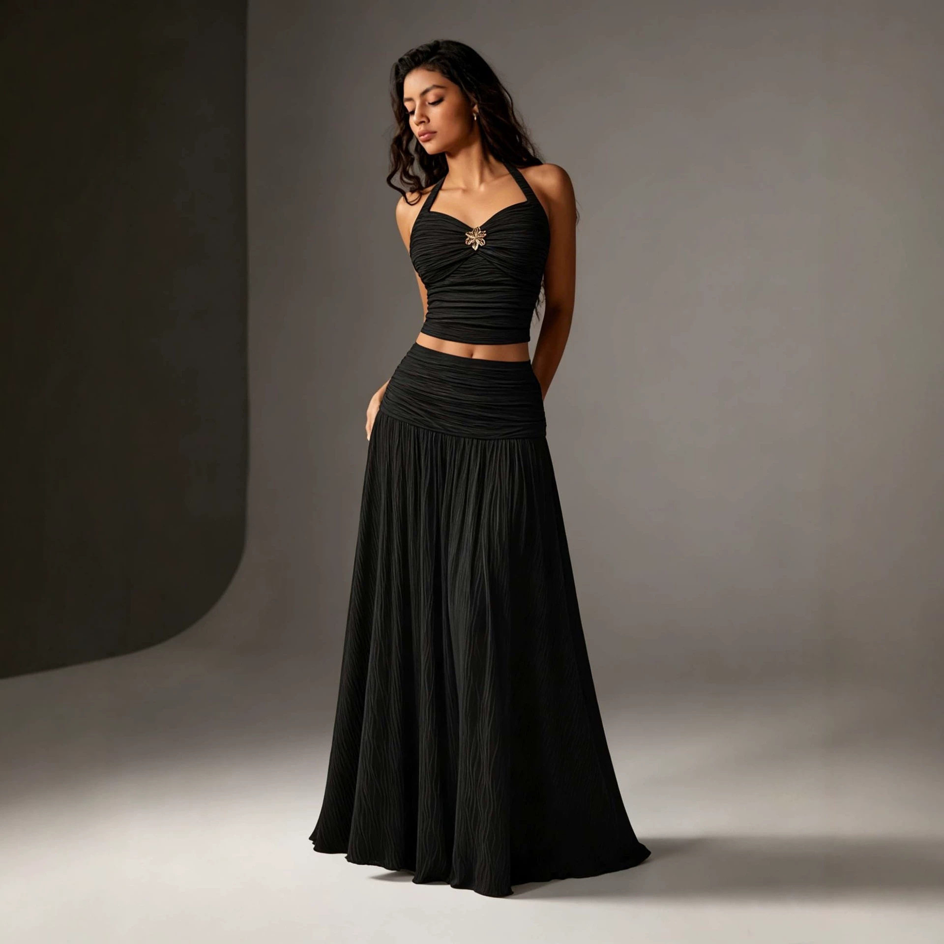 French Style Halter Neck Backless Two Piece Set Ruffled Waist Top A Line Skirt Elegant Dress for Special Occasions