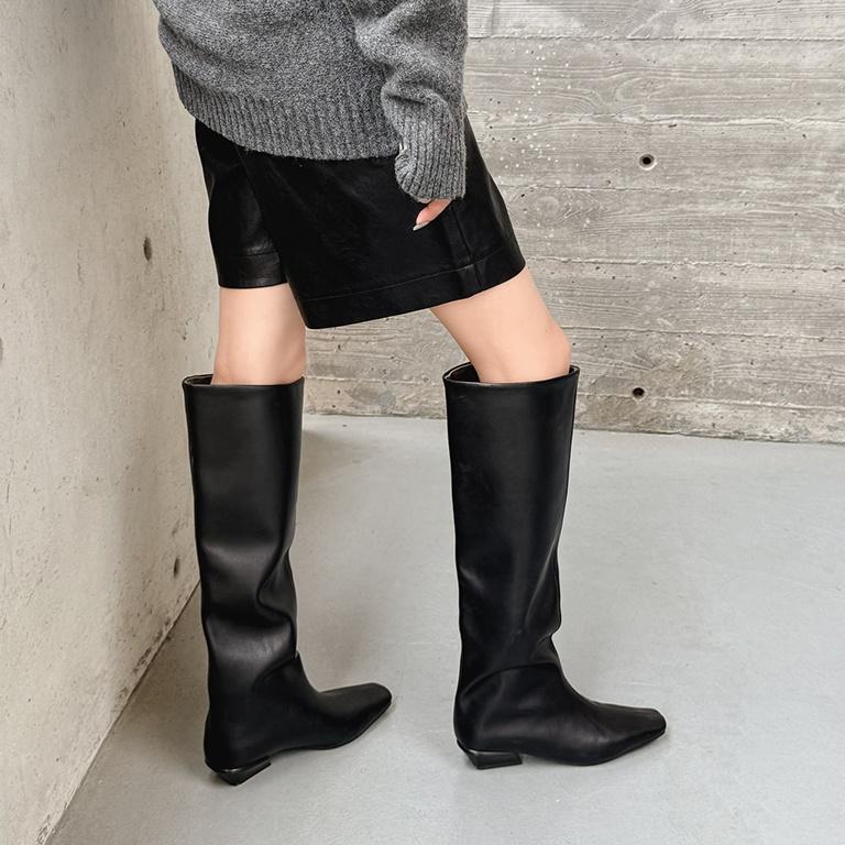 Boot cao cổ nữ da bò mũi vuông gót thấp phong cách thanh lịch — màu đen, Màu đỏ rượu