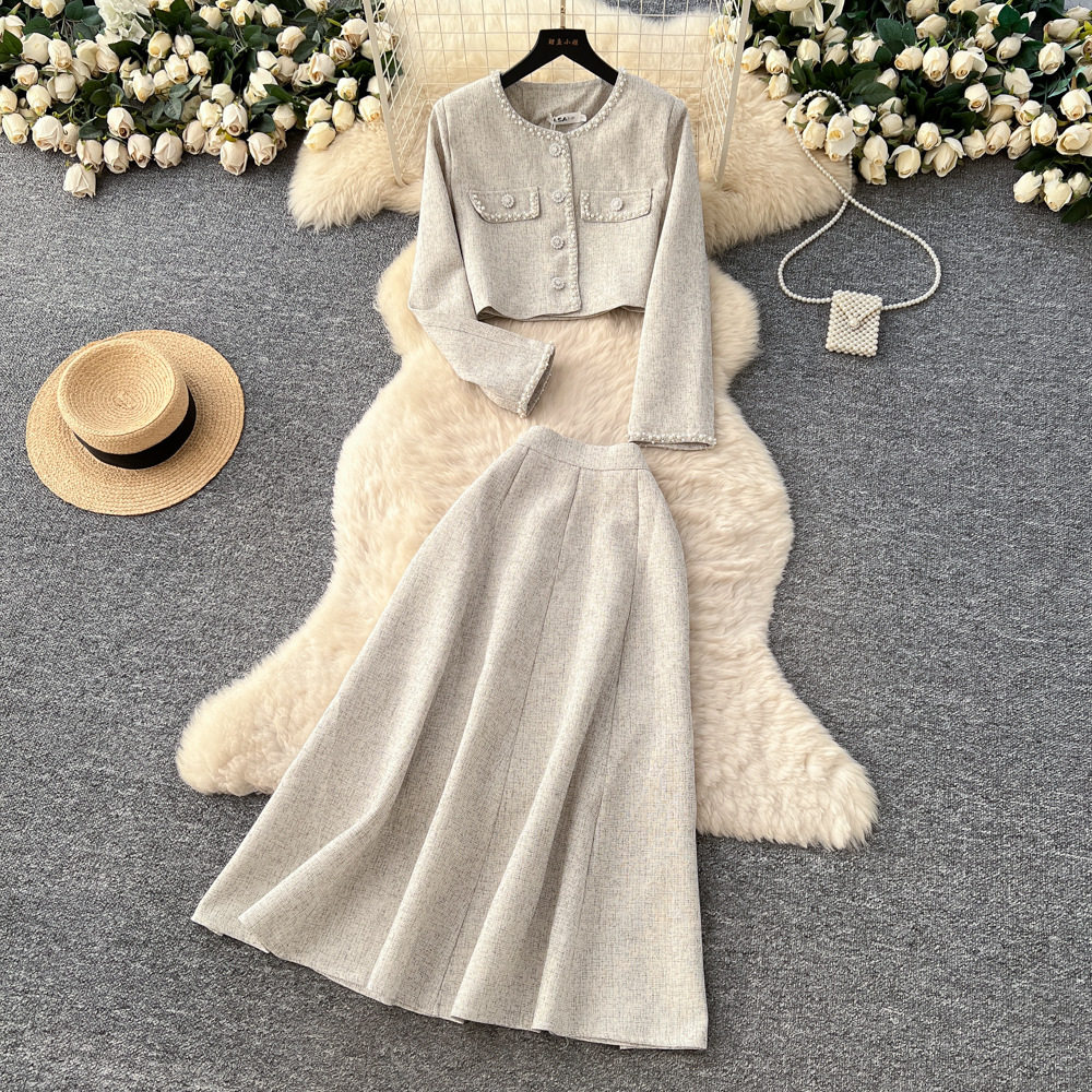 Chic Two Piece Set for Women Elegant Cardigan with Metal Button High Waist Skirt Autumn Office Wear Wholesale