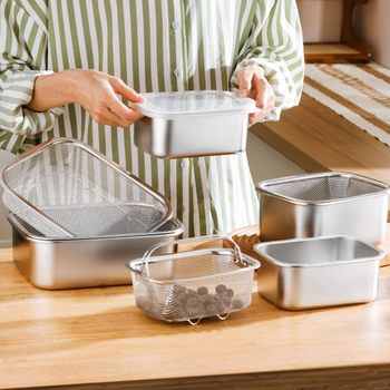 304 Stainless Steel Food-Grade Preservation Box with Filter, Multifunctional Frying Basket, Sealed Storage Box