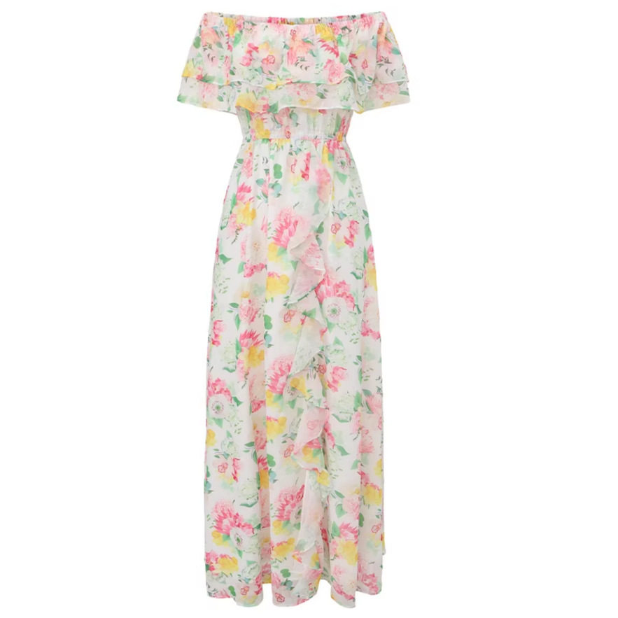 Off Shoulder Ruffle Maxi Dress Floral Print Sweetheart Neckline Fitted Waist Flowy Skirt Spring Fall Casual Wear
