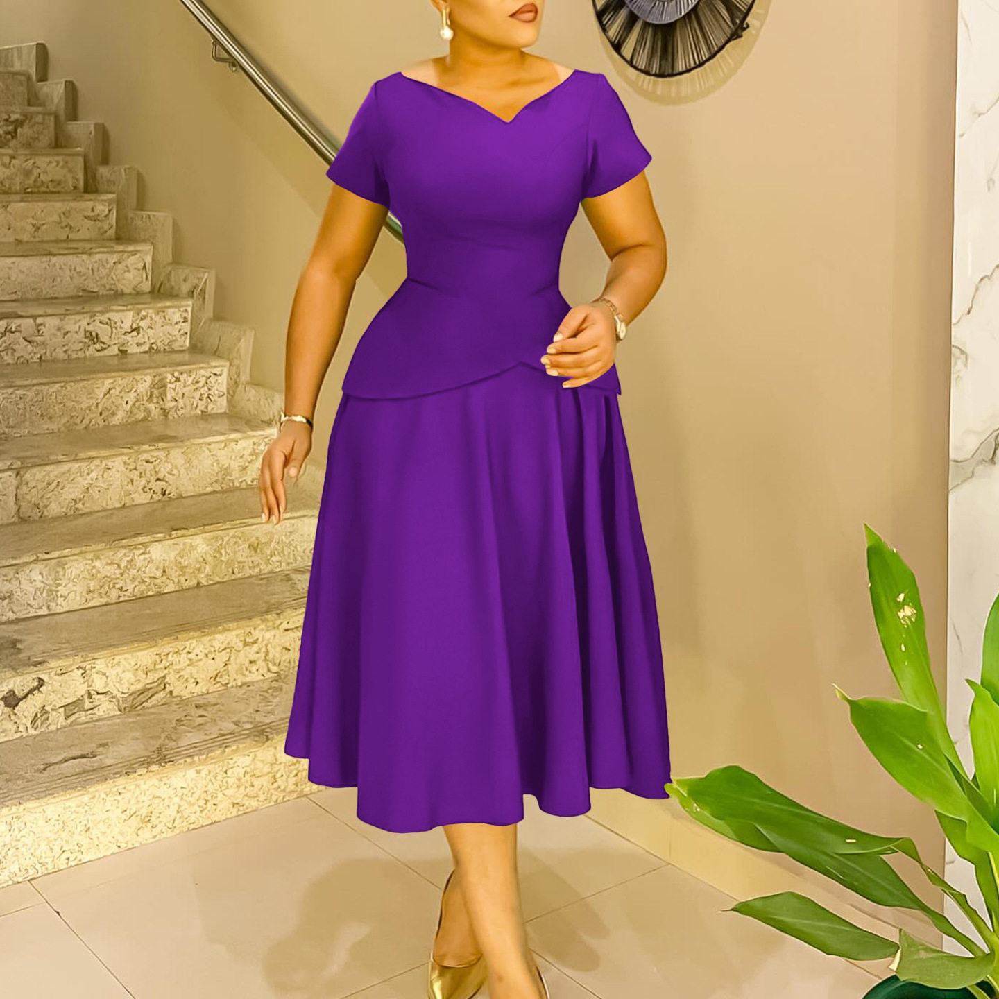 Summer A Line Dress Solid Color V Neck Short Sleeve Flowy Design Casual Wear for Women Wholesale Available