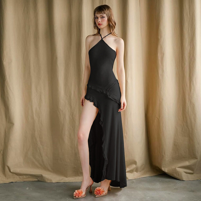 Summer Womens Dress Sexy Halter Neck Ruffled Trim Side Slit Design Perfect for Parties and Casual Outings