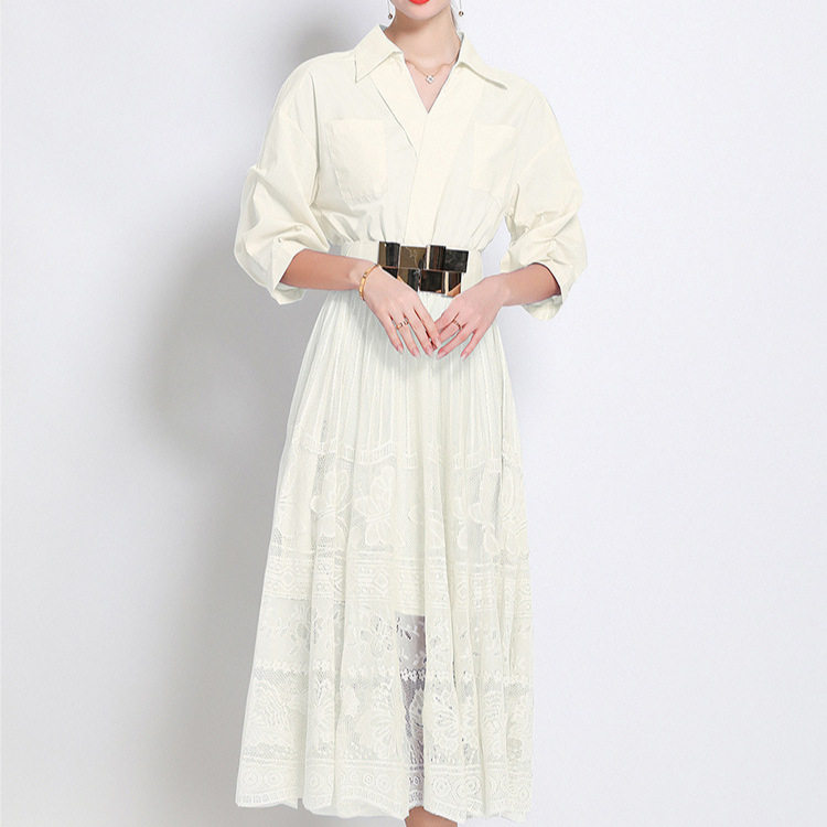 Elegant V Neck Lace Trimmed A Line Dress for Women Three Quarter Sleeves Princess Style Perfect for Formal Occasions