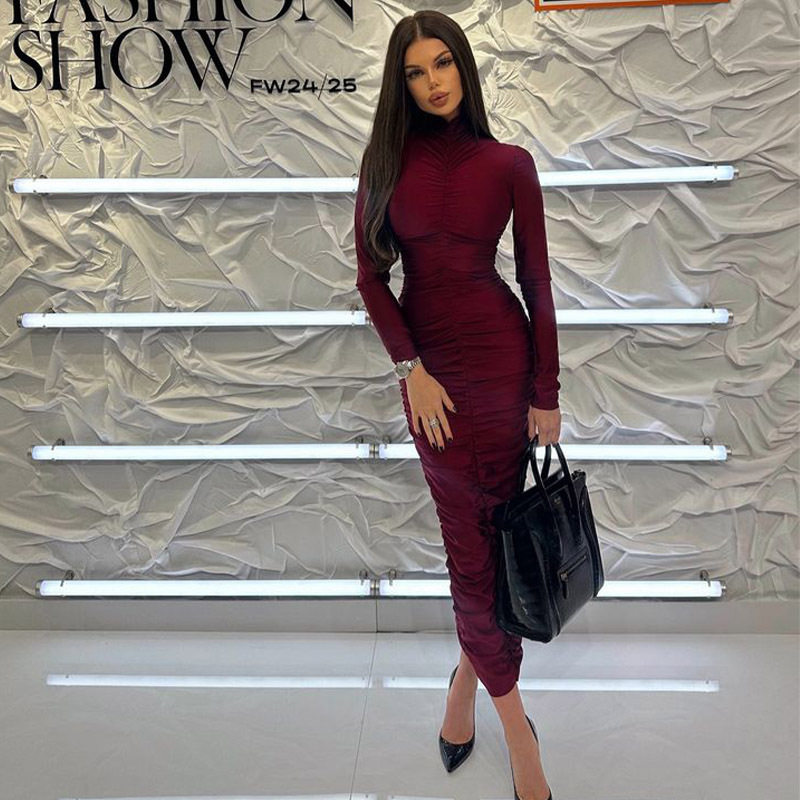 Vintage Red High Neck Long Sleeve Bodycon Maxi Dress for Women Elegant Fit Autumn Winter Style Wholesale Available