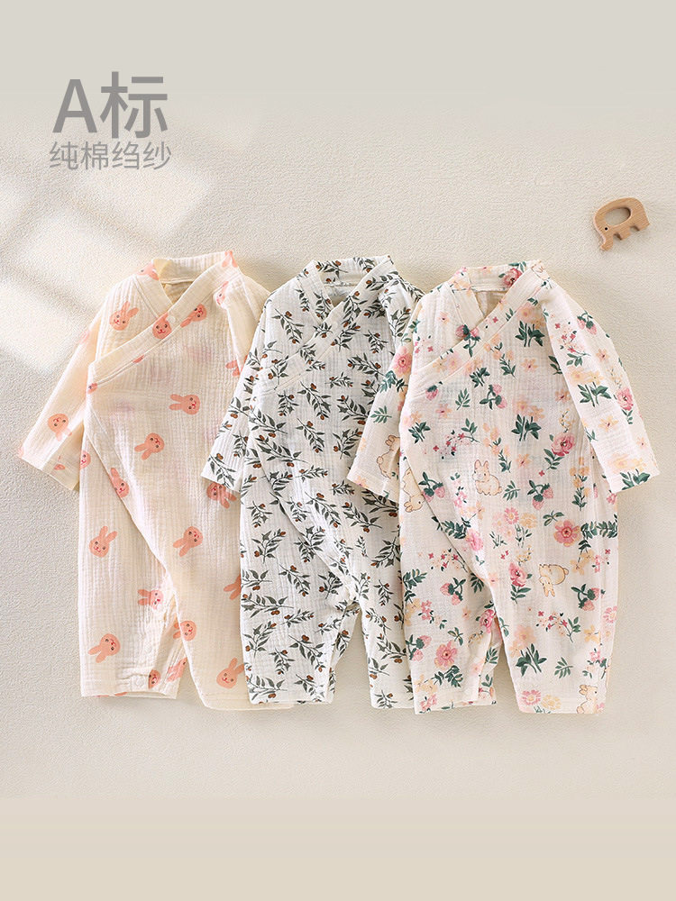 Pure cotton gauze baby jumpsuit type a pure cotton thin baby breathable summer cotton air-conditioning clothing crepe pajamas
