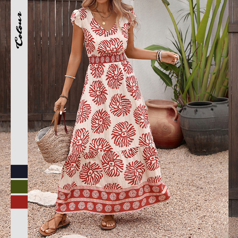 Vintage Inspired Geometric Floral Print Dress Summer Collection Waist Defined Elegant Style Wholesale Availability