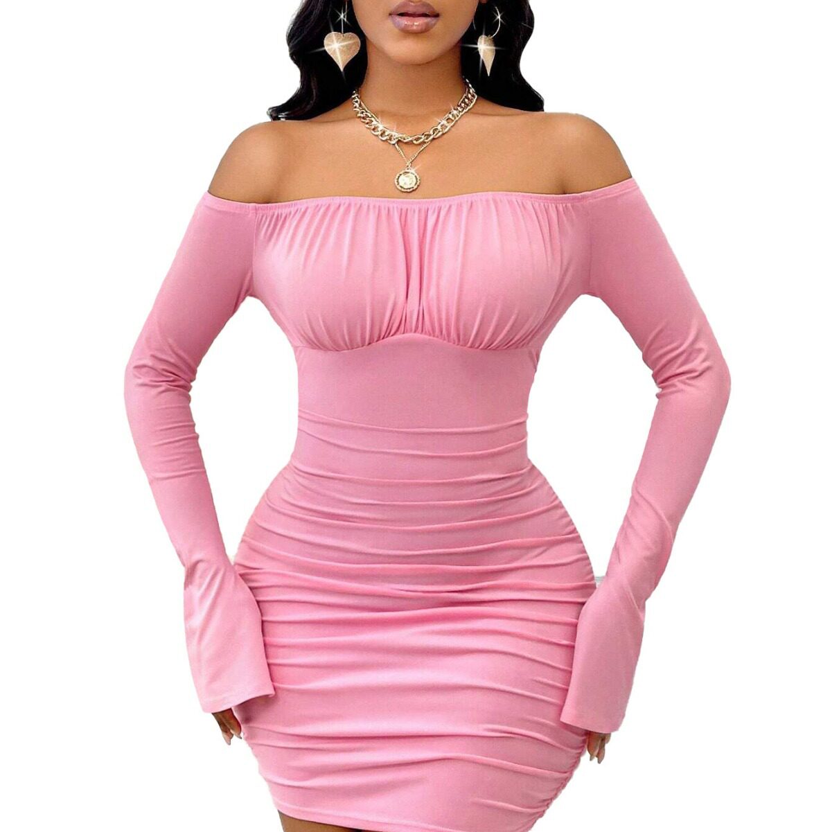 Pink Sexy Bodycon Dress Off Shoulder Long Sleeve Short Hem Spring Summer Fashion Wholesale Available