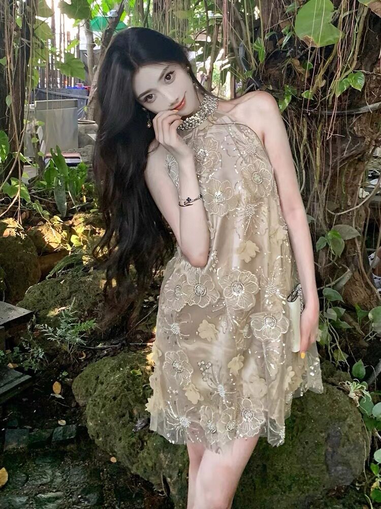 Đầm maxi nữ thắt eo họa tiết hoa 3D tay không — Màu cà phê chi tiết 4
