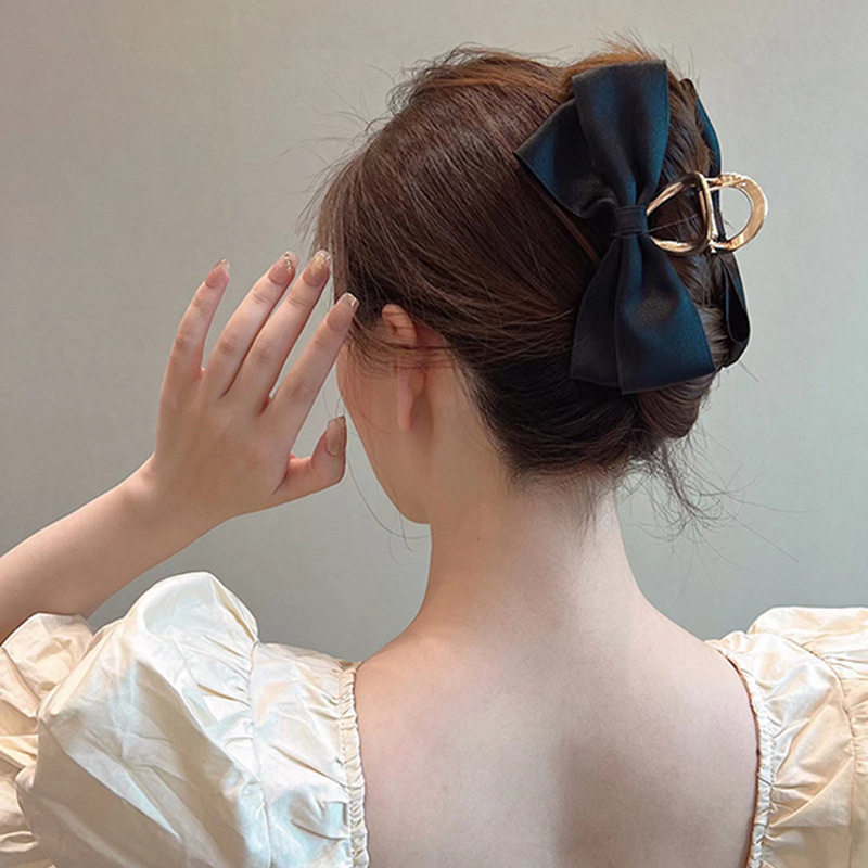 Black Satin Bow Grab Clip Women's Summer Headwear Simple Temperament Hairpin Back Head Shark Clip Wholesale