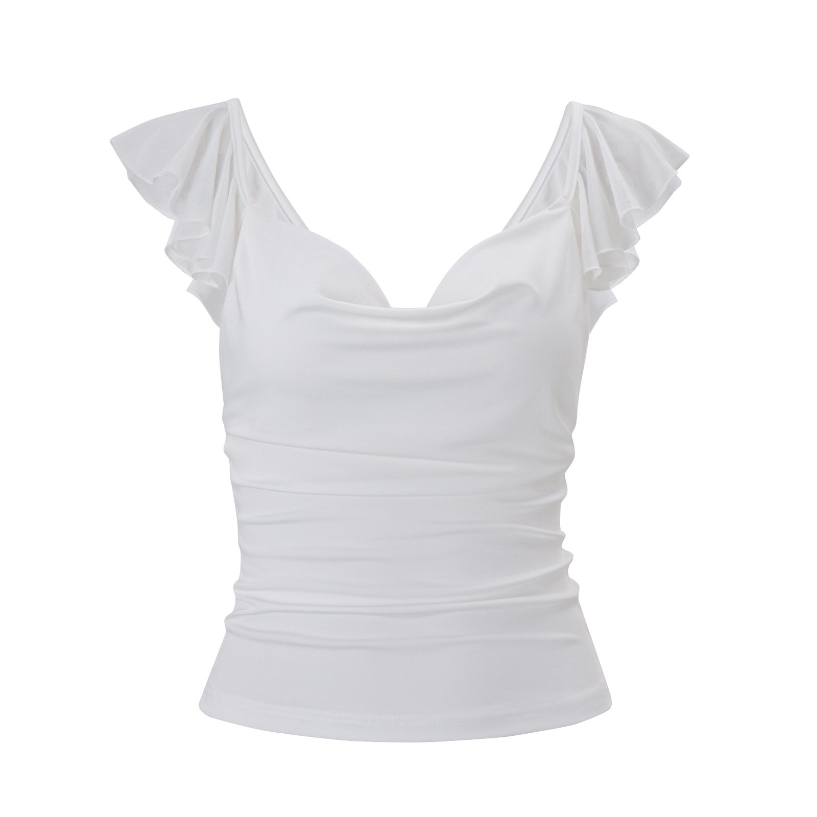 Spring Womens Slim Fit V Neck Crop Top Ruffle Hem Solid Color Sexy Style Versatile for Casual or Night Out