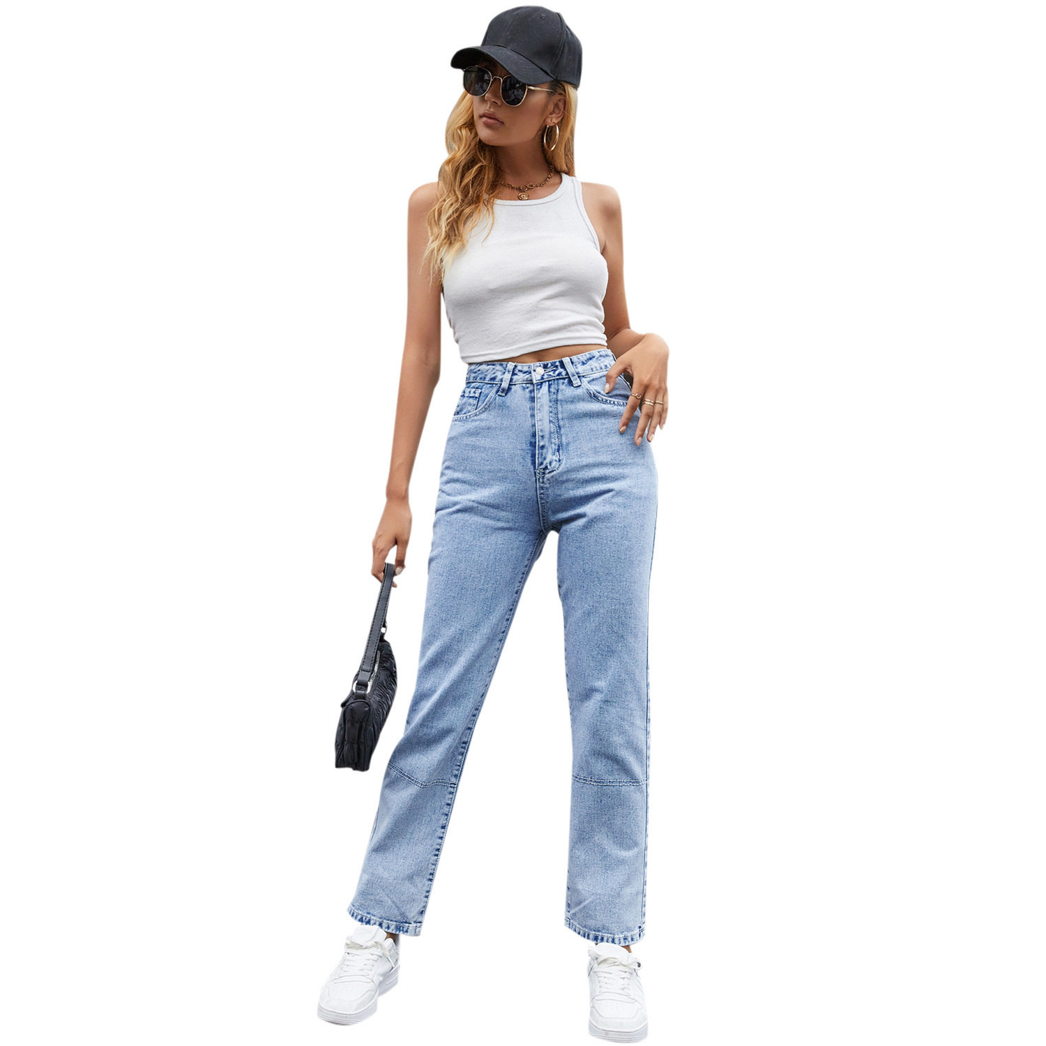 High Waisted Black Denim Straight Leg Pants Fashionable Trendy Comfortable Fall Winter Wear Wholesale Available