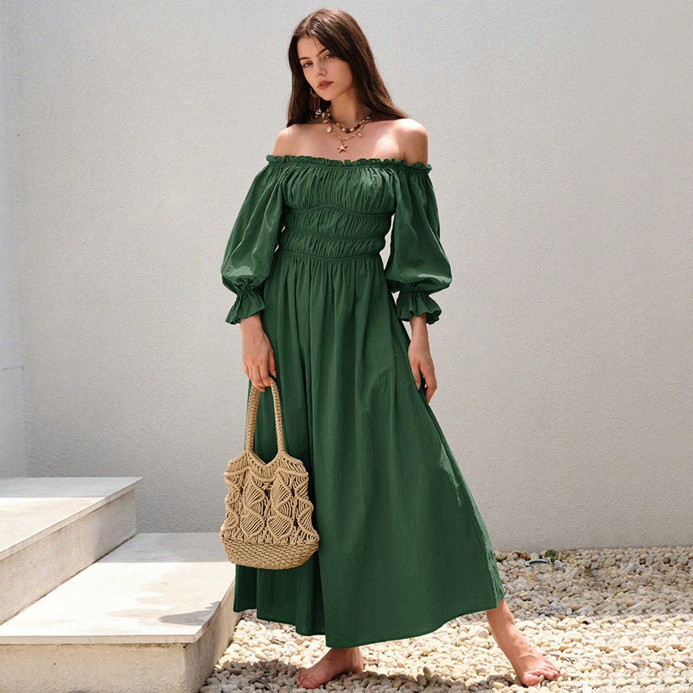Vintage One Shoulder Lantern Sleeve Maxi Dress Elegant Design Flowy Silhouette Comfortable Fabric Perfect for Parties
