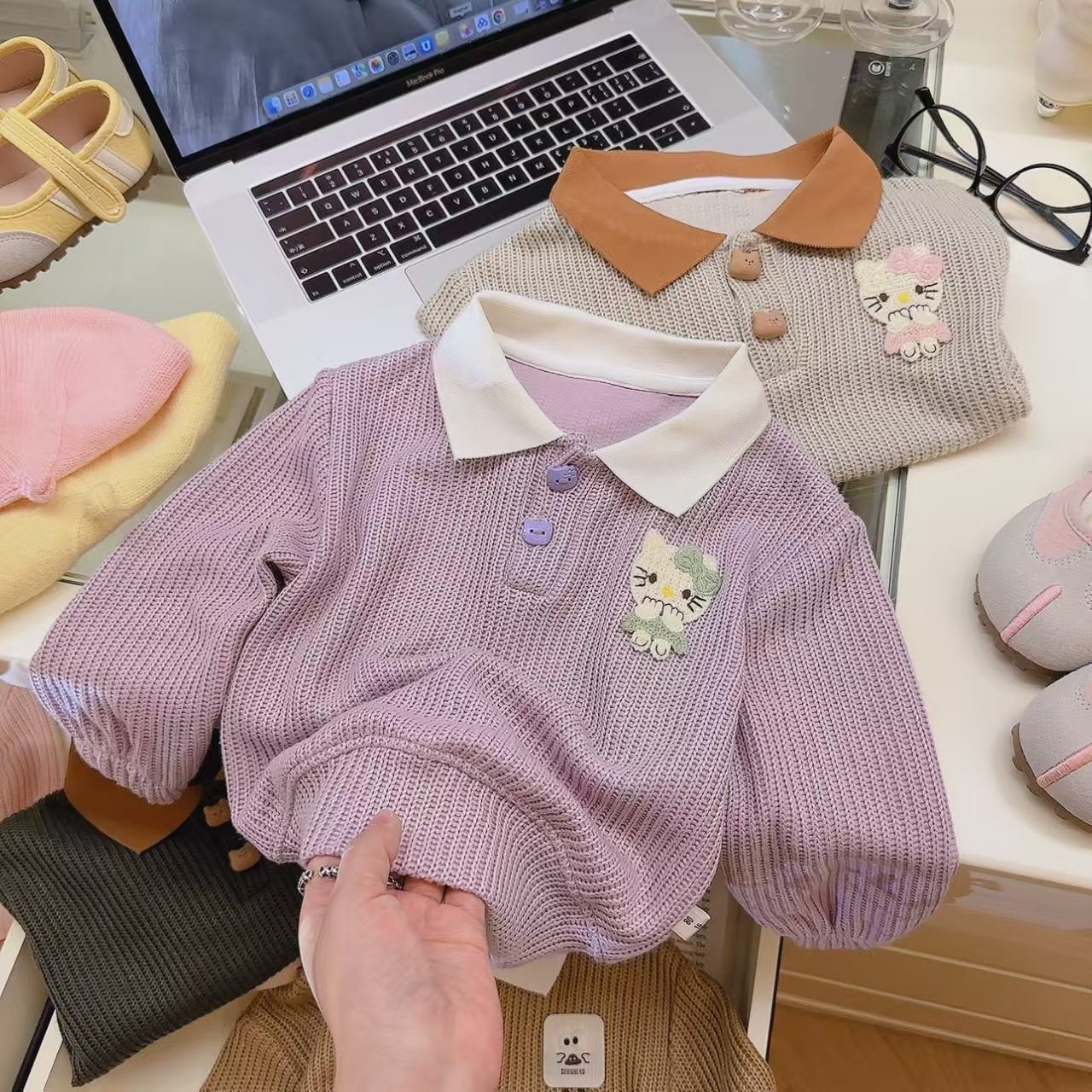 Spring & Autumn Boys & Girls Knitted Embroidered V-Neck Hoodie, Viral Trendy Korean Style Long-Sleeve Top