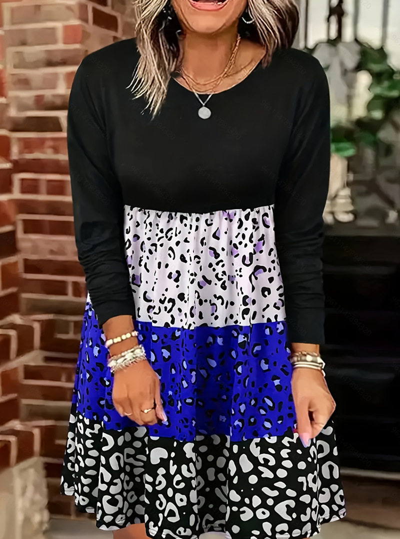 Color Block Printed Long Sleeve Dress Fall Winter Collection Casual Wear for Women Wholesale Available