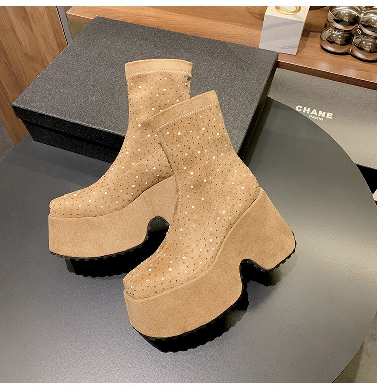 Boot nữ cổ thấp gót siêu cao 11cm đế xuồng đính đá pha lê — Lớp lót đơn màu be, Lớp lót đơn màu đen, Lót nhung đen, Lót nhung màu be