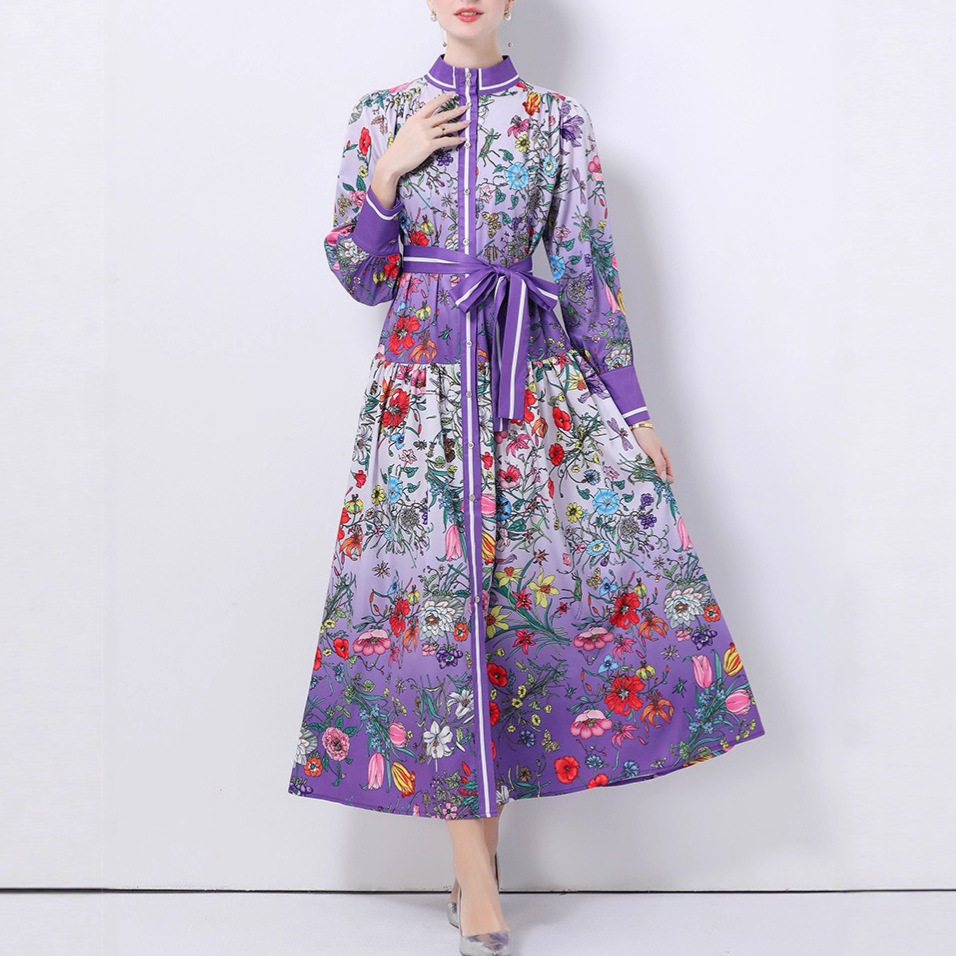 Vintage Elegant Printed Maxi Dress for Women Autumn Style Tie Waist Button Front Flared Skirt Wholesale Available