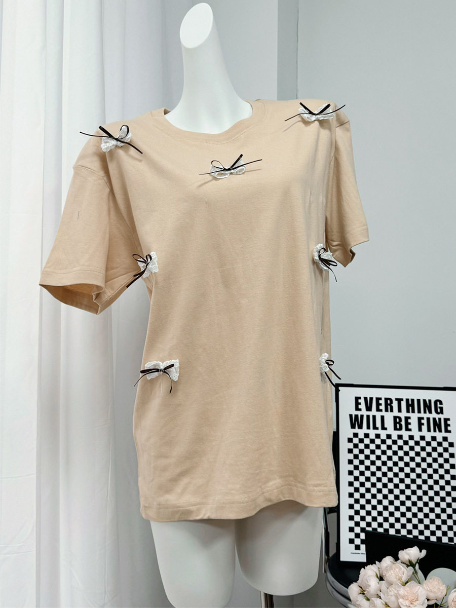 Womens Short Sleeve T Shirt Sweet Bow Design Loose Fit Round Neck Cotton Fabric Spring Summer Casual Wear