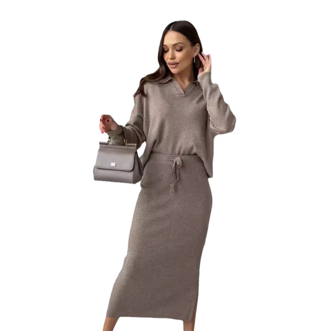 Knitted Two Piece Set Soft Chenille Yarn Split Sweater Tied Midi Skirt Autumn Winter Fashion Wholesale Available
