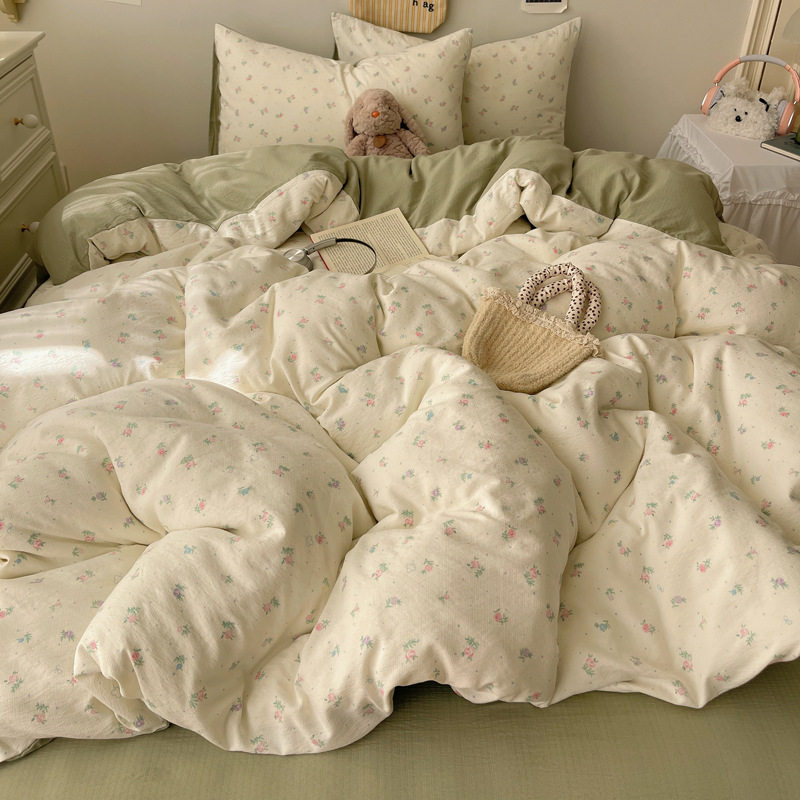 Winter Thickened Double-Layer Gauze Four-Piece Bedding Set Pure Washed Cotton Quilt Cover Spring and Summer Bed Sheet Fitted Sheet Dormitory Three-Piece Set