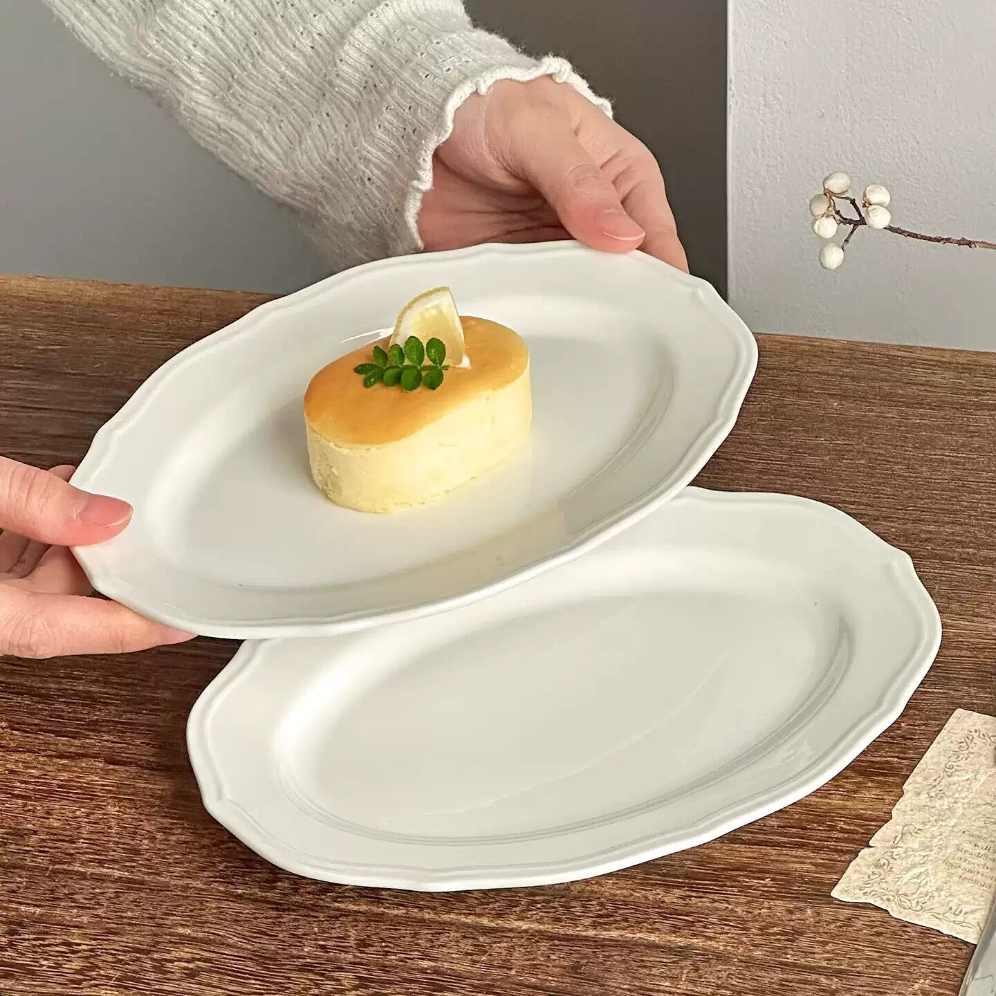 French Retro Ceramic Oval Plate Cake Dessert Plate Breakfast Plate Steak Western Food Plate White Plate Flat Plate