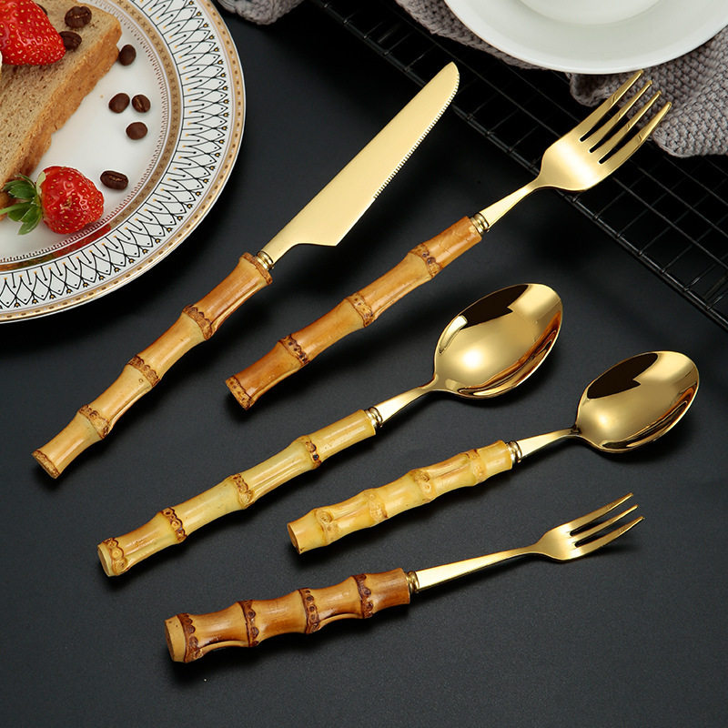 Cross-border stainless steel creative natural bamboo handle knife, fork and spoon vintage steak knife, fork and spoon Four-Piece Gift Set suit wholesale